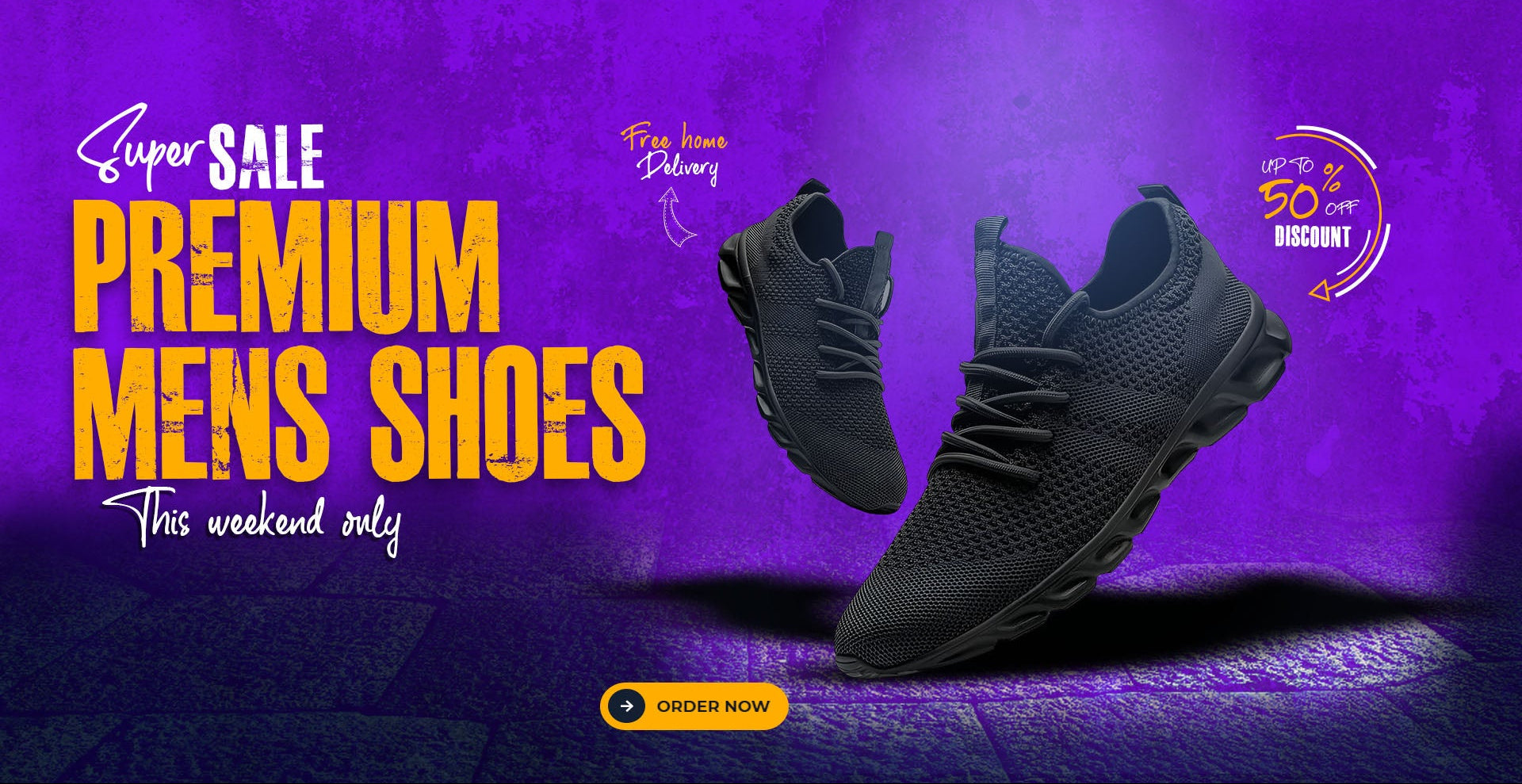 Promotional image of premium mens shoes with sale text on a purple background